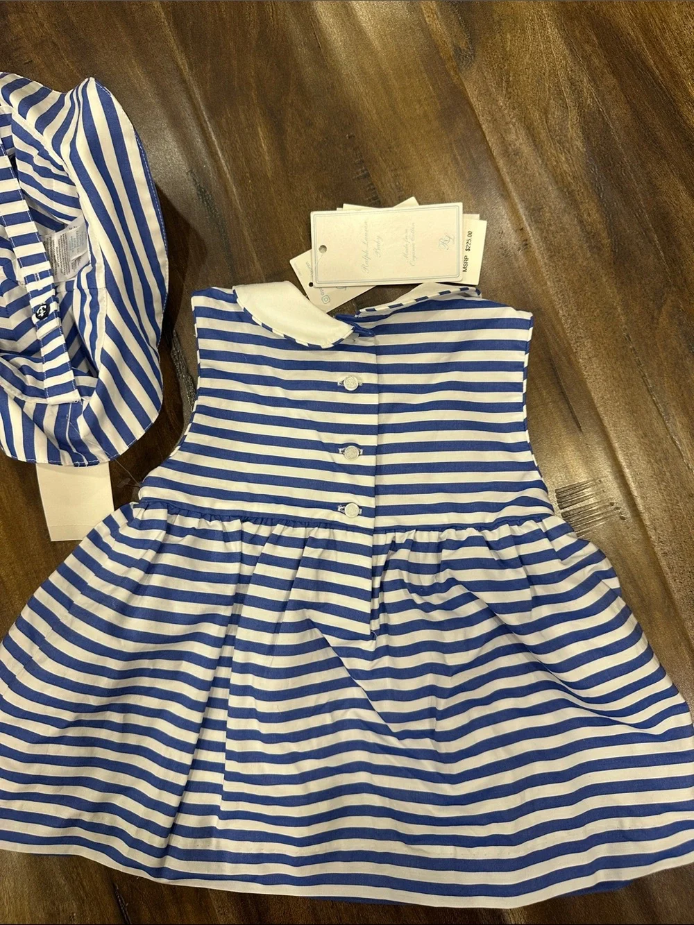 NWT Ralph Lauren Baby 18M Hand Smocked Dress /Sun Hat Blue Stripe Organic Cotton